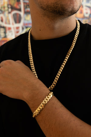 10MM Cuban Link Chain & Bracelet Set – 14KT Gold Over Silver