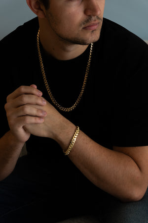 10MM Cuban Link Chain & Bracelet Set – 14KT Gold Over Silver