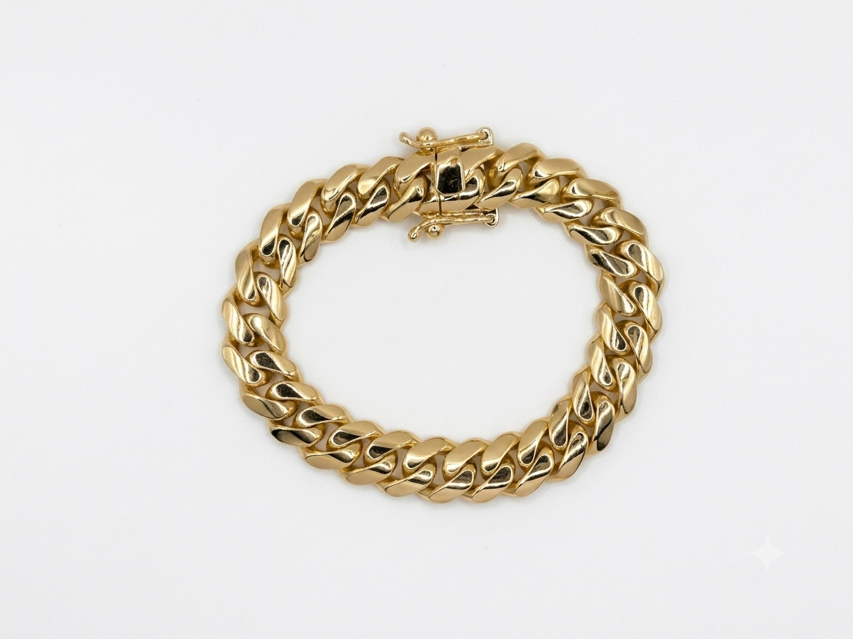 12MM 14KT gold over silver Cuban link bracelet, handmade in Miami
