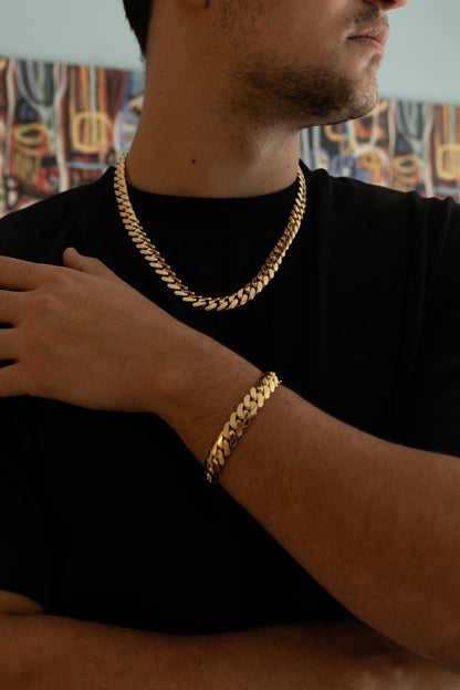 12MM Cuban Link Chain & Bracelet Set – 14KT Gold Over Silver