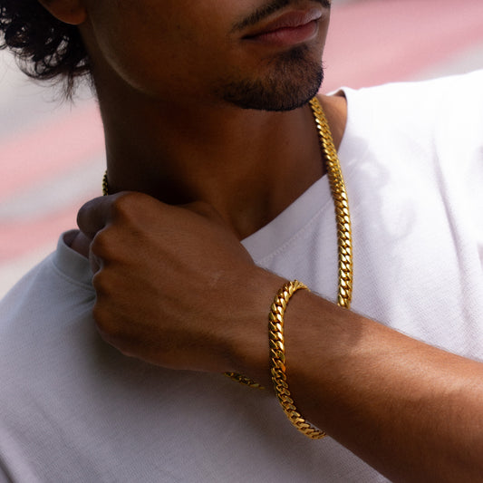 8MM Cuban Link Chain & Bracelet Set – 14KT Gold Over Silver