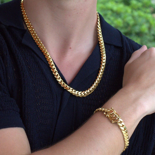 10MM Cuban Link Chain & Bracelet Set – 14KT Gold Over Silver